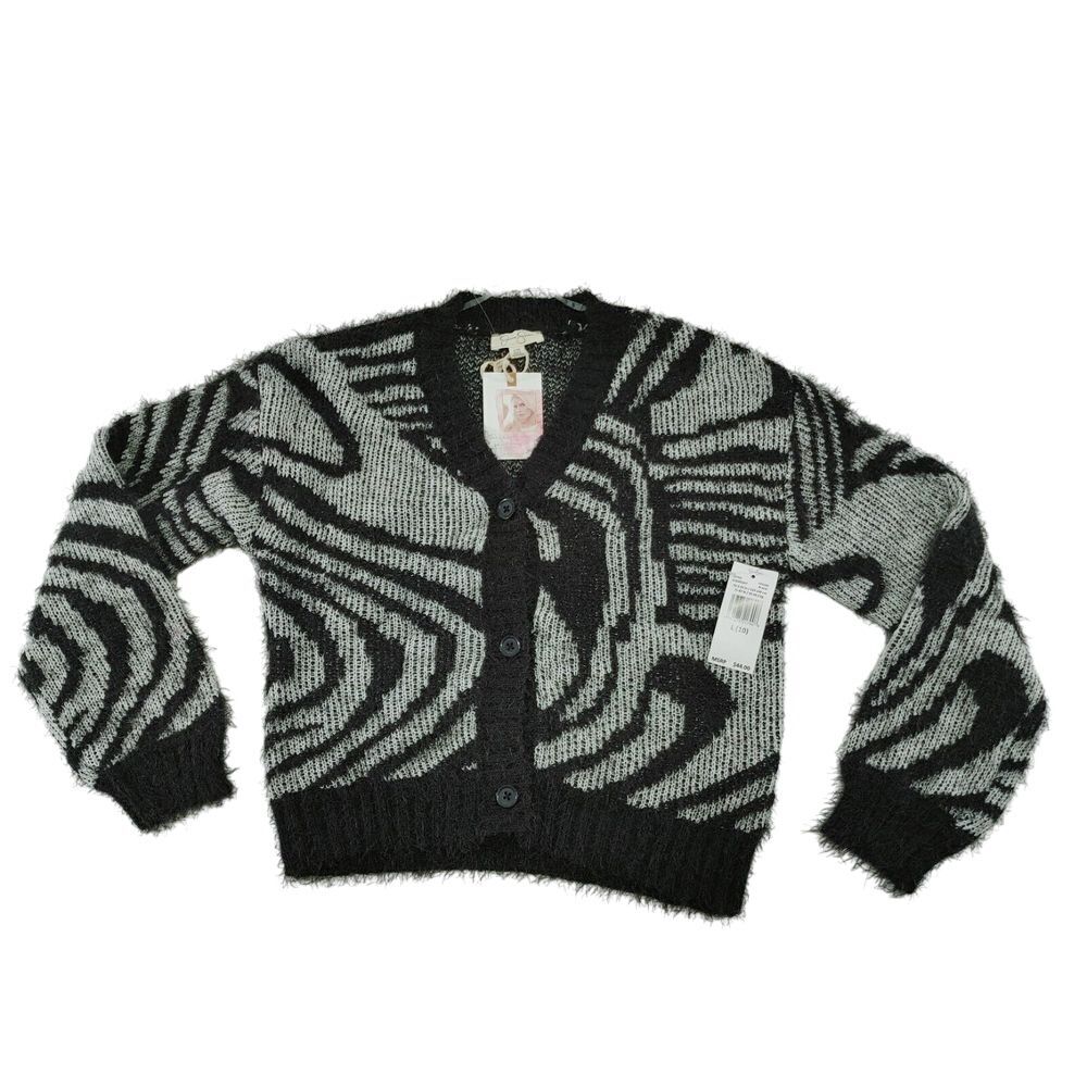Jessica Simpson Zebra Fuzzy Knit Cardigan Button-Up Sweater Black‎ & Gray Size L